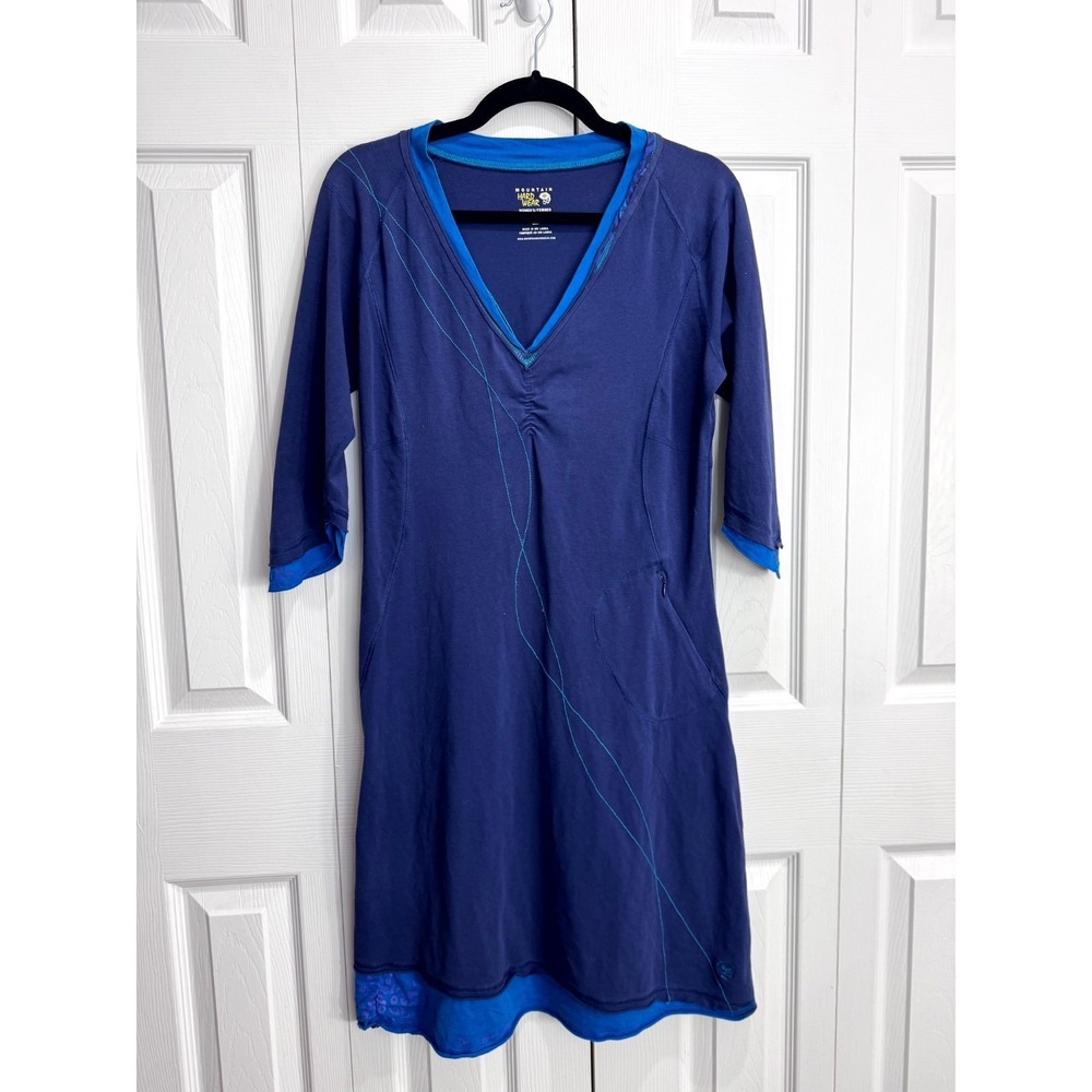 Mountain Hardwear Hiking Dress Women's Large Blue 3/4 Sleeve Ruching Outdoor